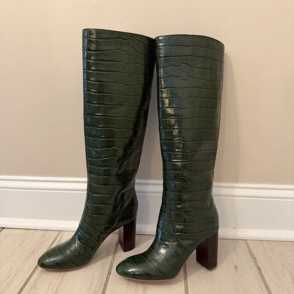 Loeffler Randall Tall Goldy Leather Croc Forest Green Heel Knee Boot Pull On 6 - Picture 7 of 14